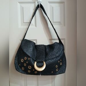 Elliott Lucca Black Leather Shoulder Bag Polyester Lined cream colored Woven Y2k